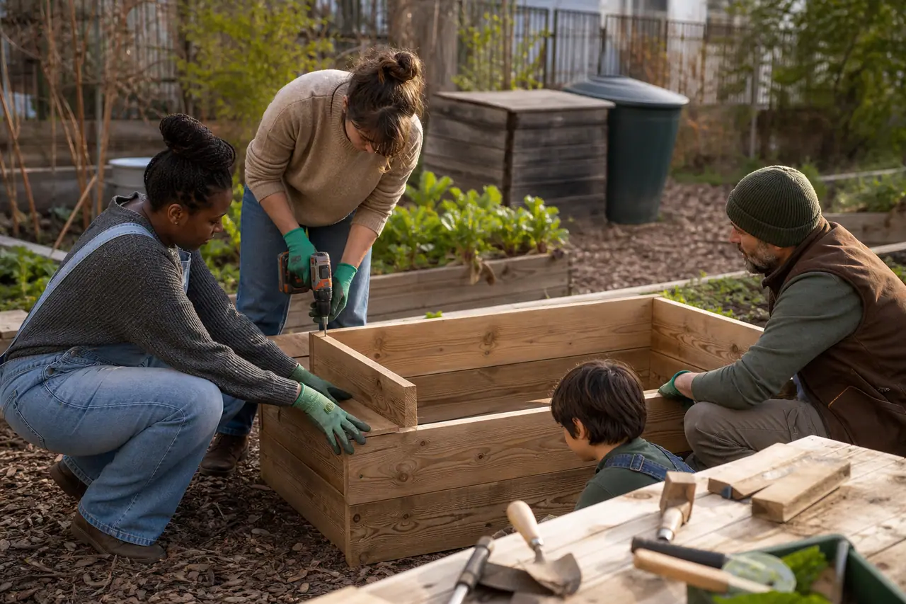 Habitants construisant un bac potager dans un jardin collectif urbain.