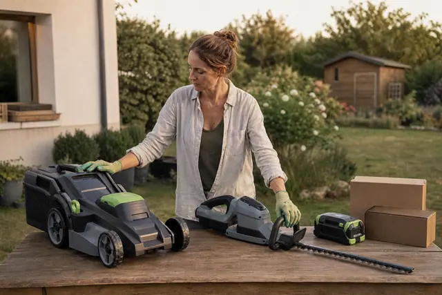 Comparaison d’une tondeuse à batterie et d’un taille-haie dans un jardin.
