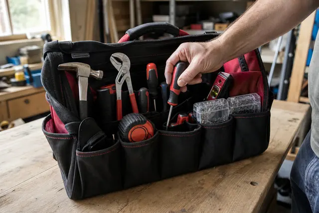 Sac à outils textile ouvert, rangé sur un établi avec outils essentiels.