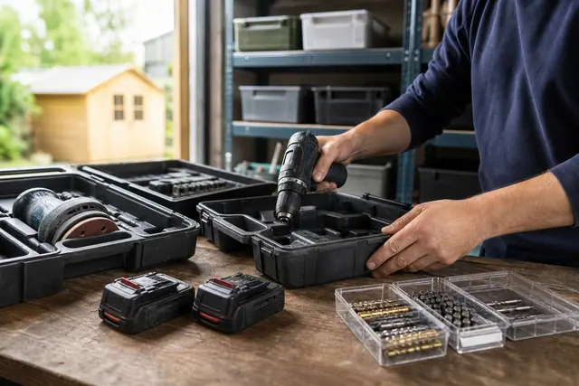 Outils sans fil et batteries rangés méthodiquement sur un établi de garage.