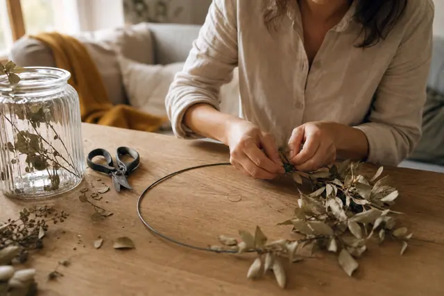 Couronne de feuilles sèches assemblée sur une table en bois clair.