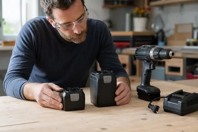 Deux batteries d’outillage sans fil de tailles différentes sur un établi en bois.