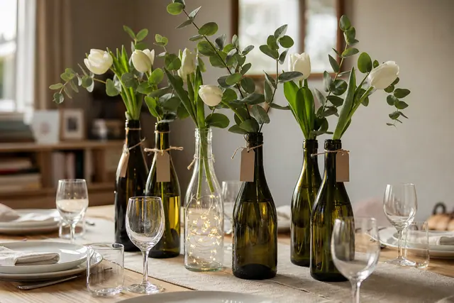 Bouteilles en verre transformées en vases sur une table de fête.