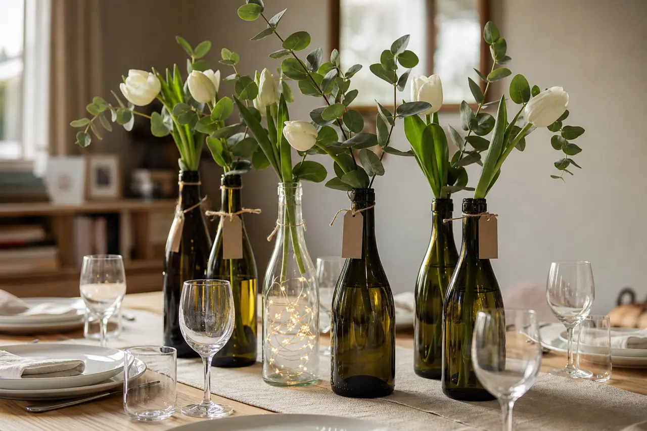Bouteilles en verre transformées en vases sur une table de fête.