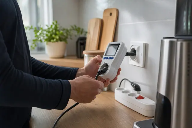 Wattmètre branché dans une cuisine pour mesurer un appareil électrique.