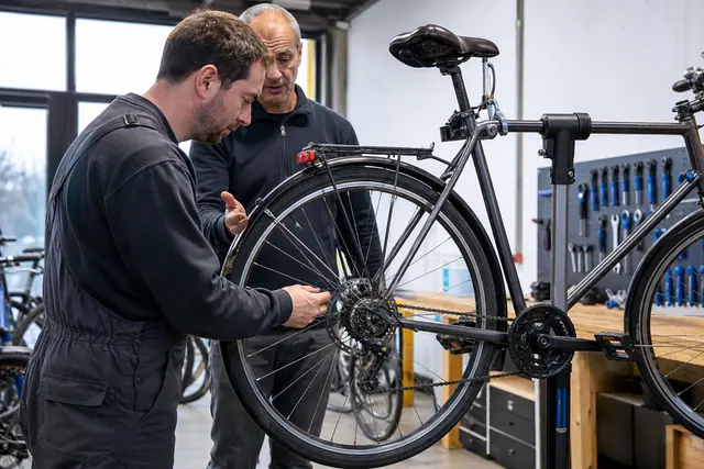 Débutant réglant la transmission d’un vélo sur pied d’atelier associatif.
