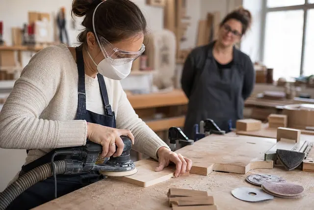 Débutante ponçant une petite tablette en bois dans un atelier créatif encadré.