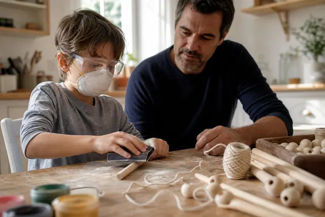 Enfant ponçant un tourillon de bois sous la surveillance d’un adulte.