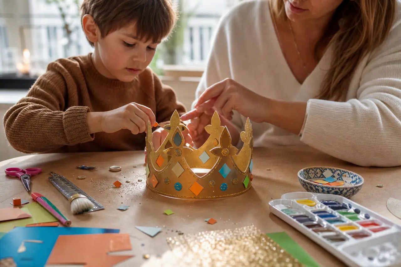 Enfant supervisé décorant une couronne des Rois en carton sur une table protégée.
