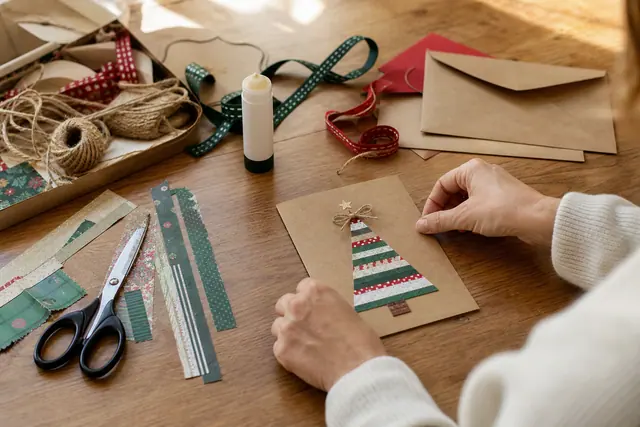 Carte de Noël en papier recyclé décorée d’un sapin en bandes colorées.