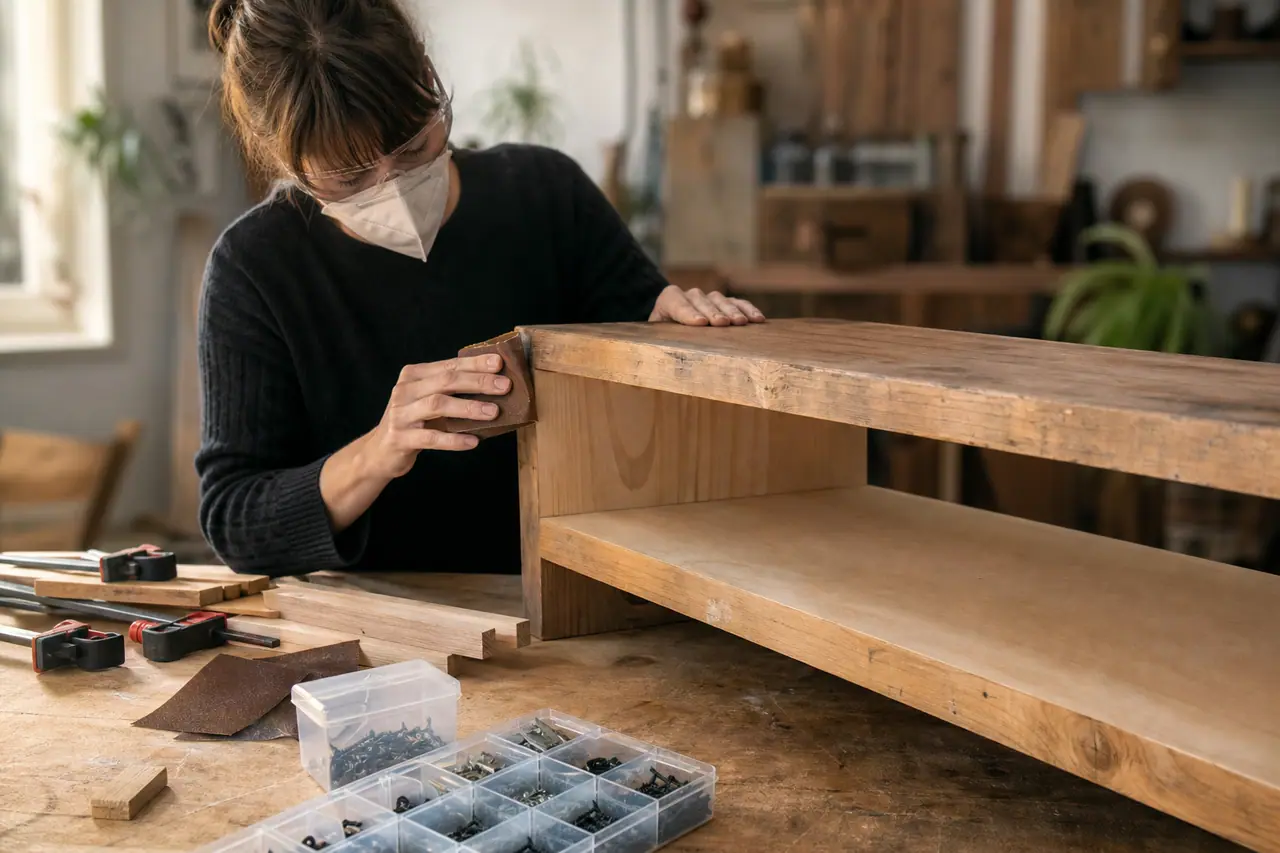 Bricoleur ponçant une étagère basse fabriquée avec du bois récupéré.