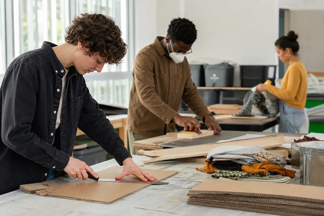Participants préparant bois, carton et tissu dans un atelier créatif organisé.