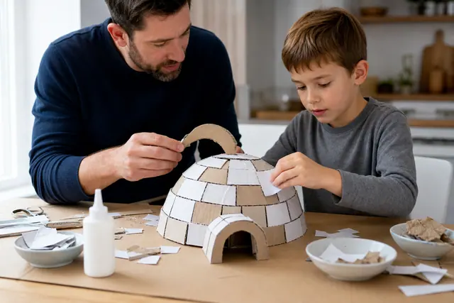 Enfant et adulte assemblant un igloo miniature en carton sur une table protégée.