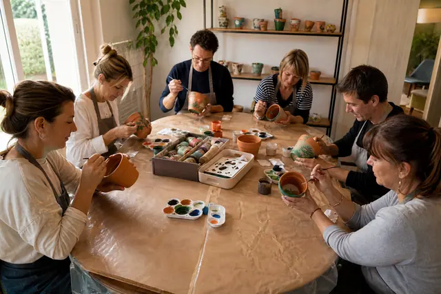 Invités peignant des pots en terre cuite autour d’une table protégée.