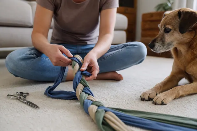 Personne tressant des bandes de coton pour son chien dans un salon.