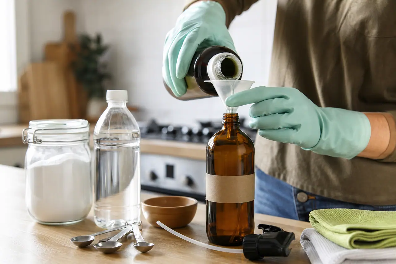 Préparation dosée d’un nettoyant maison au savon noir sur plan de travail.