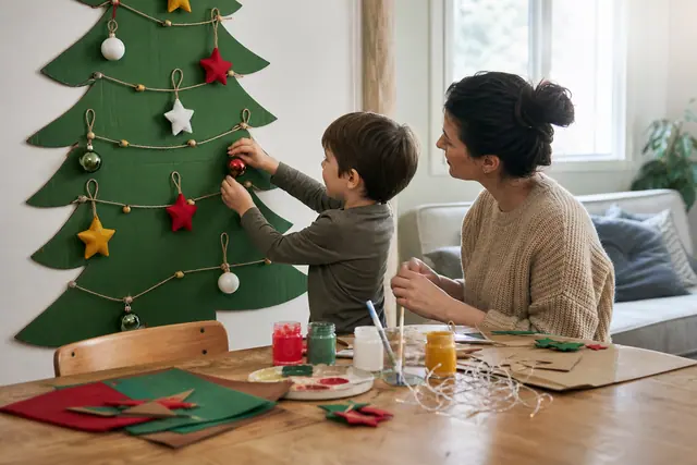Enfant et adulte décorant un sapin mural en carton dans un salon lumineux.