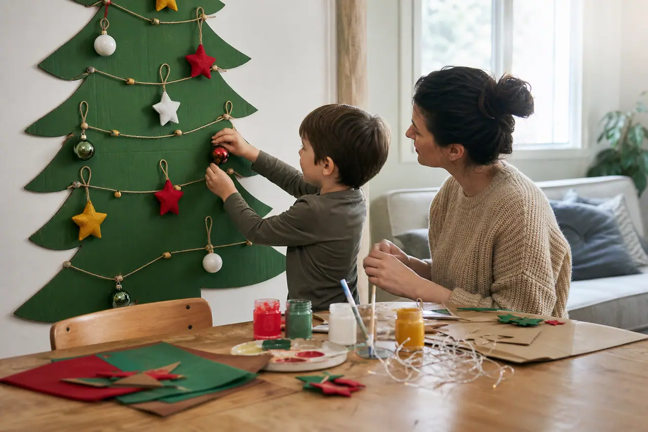 Enfant et adulte décorant un sapin mural en carton dans un salon lumineux.