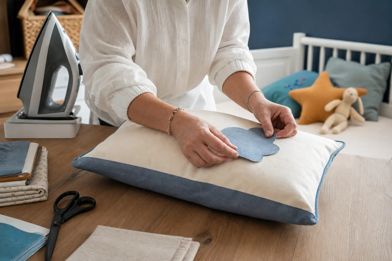 Adulte confectionnant un coussin coloré sur une table d’atelier lumineuse