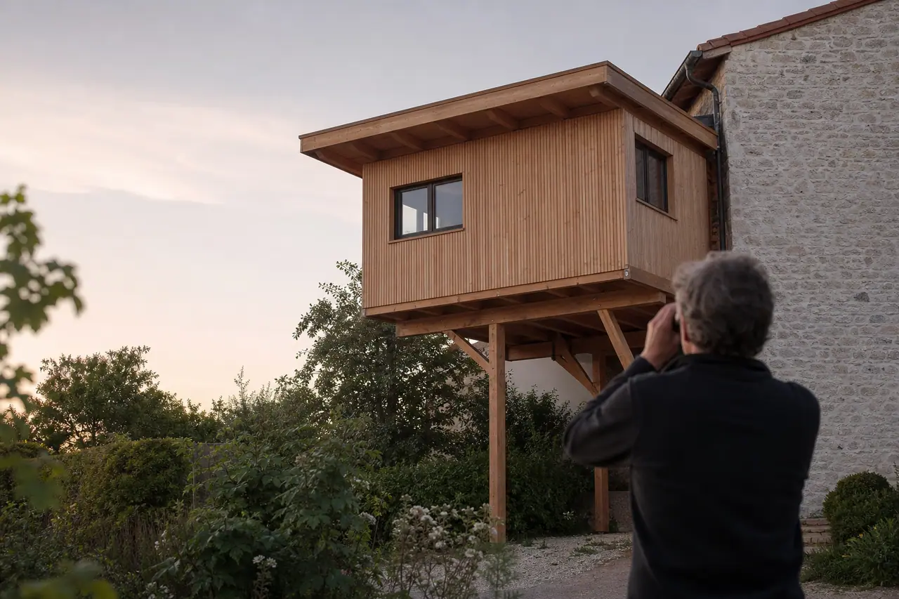 Gîte en bois brut fixé en hauteur sur une façade calme de jardin.