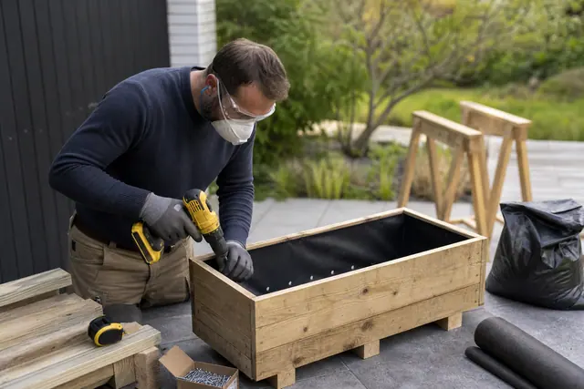 Montage d’une jardinière en palette doublée sur une terrasse avec outils protégés.