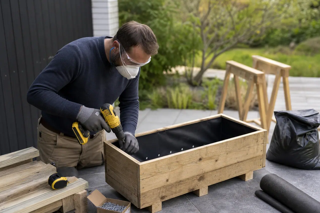 Montage d’une jardinière en palette doublée sur une terrasse avec outils protégés.
