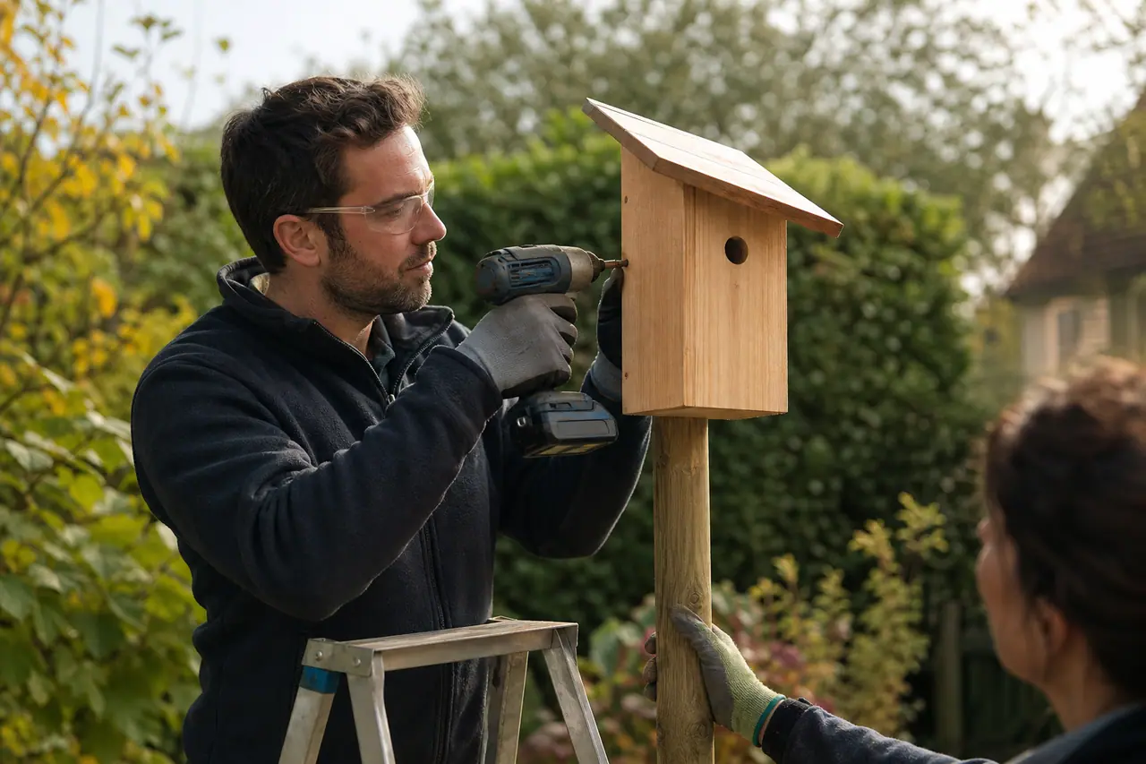 Nichoir en bois brut fixé sur un poteau dans un jardin arboré.