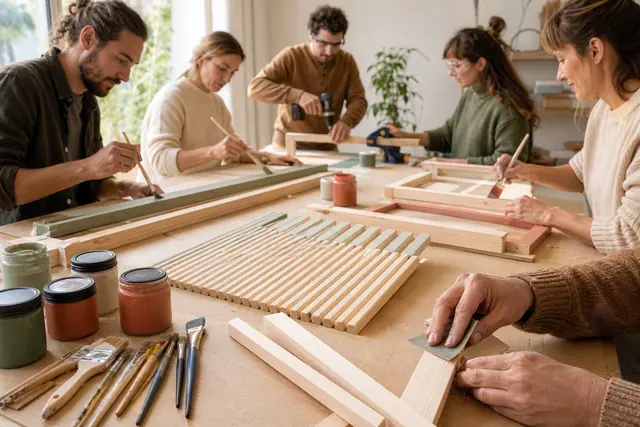 Groupe fabriquant cadres et panneau décoratif en bois autour d’une grande table.