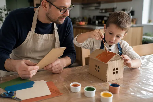 Enfant et parent décorant une maison en carton sur une table protégée.