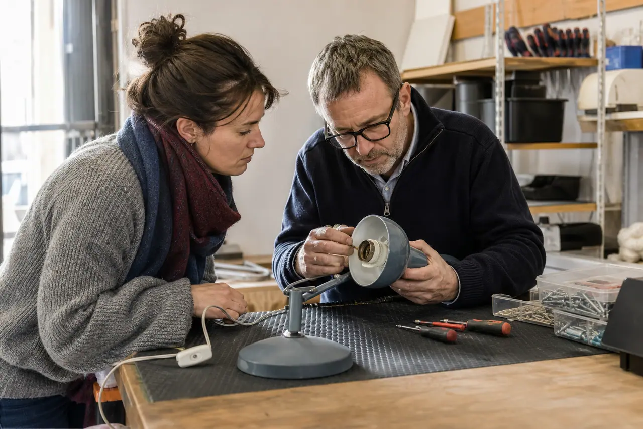 Bénévole et participante diagnostiquant une lampe débranchée sur un établi partagé