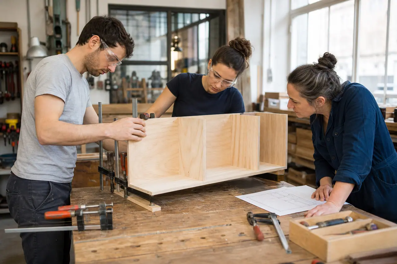 Deux voisins assemblent une étagère dans un atelier partagé lumineux et sécurisé.