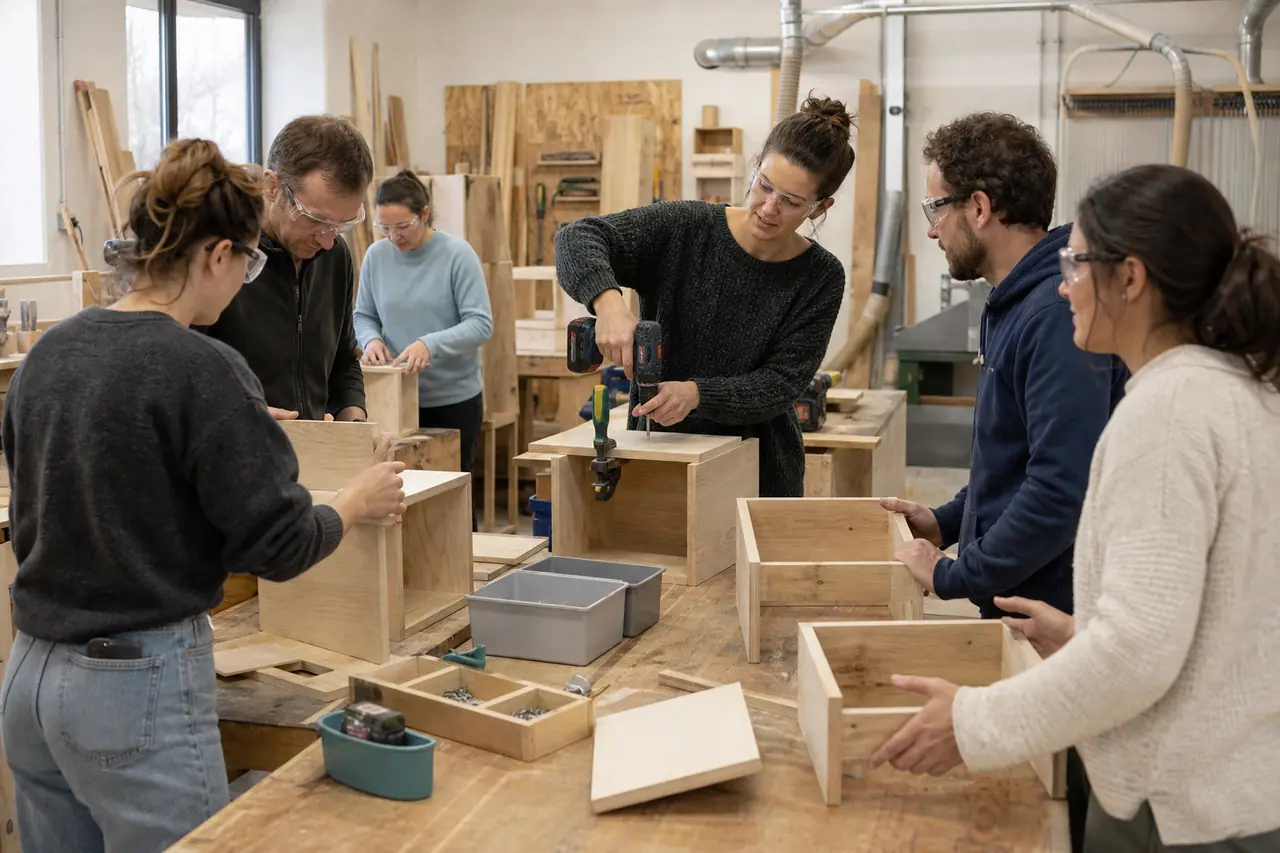 Participants équipés assemblant des jardinières en bois autour de postes organisés