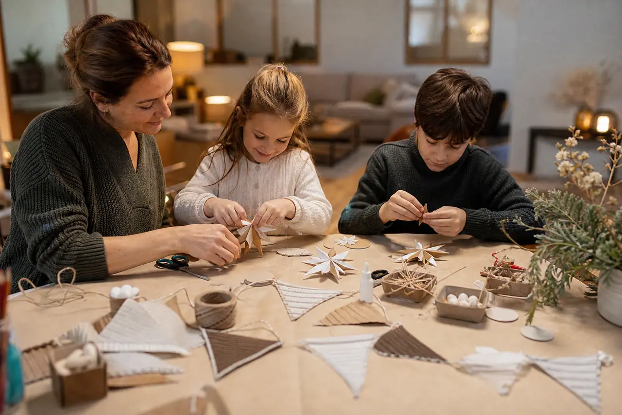 Enfants et adulte fabriquant des décorations de Noël en papier et carton.