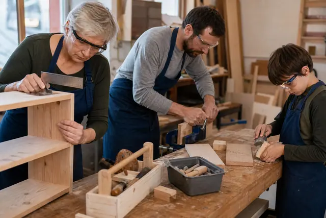 Trois générations fabriquent une petite étagère dans un atelier sécurisé et lumineux.