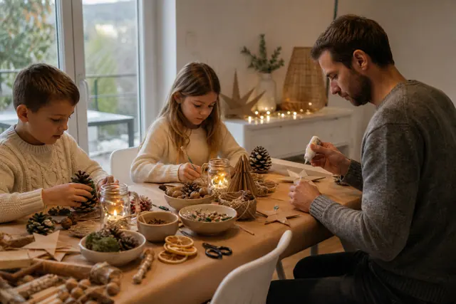Famille fabriquant des décorations de Noël naturelles sur une table protégée.