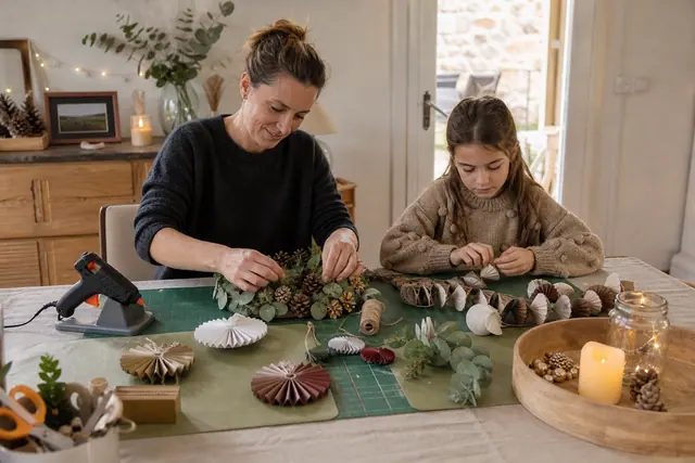 Table d’atelier protégée avec couronne, guirlande et décorations de Noël artisanales.