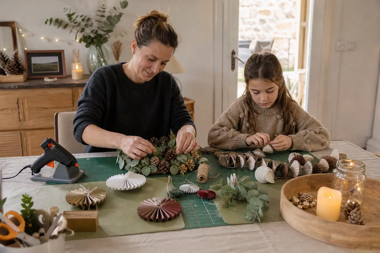 Table d’atelier protégée avec couronne, guirlande et décorations de Noël artisanales.