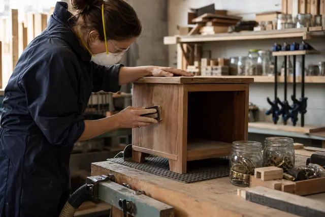 Participant protégé ponçant une petite table en bois dans un atelier de réemploi.
