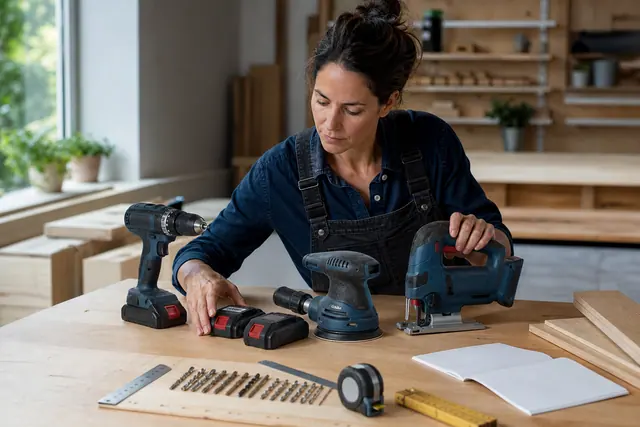 Bricoleuse comparant une visseuse, des batteries et des outils sur établi.