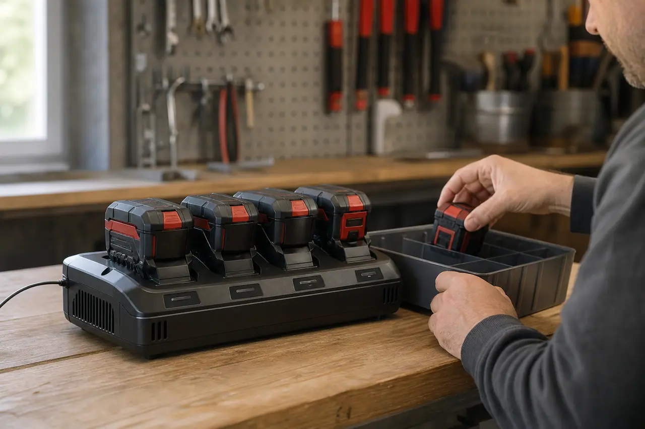Chargeur multi-baies et batteries rangés sur un établi d’atelier ventilé
