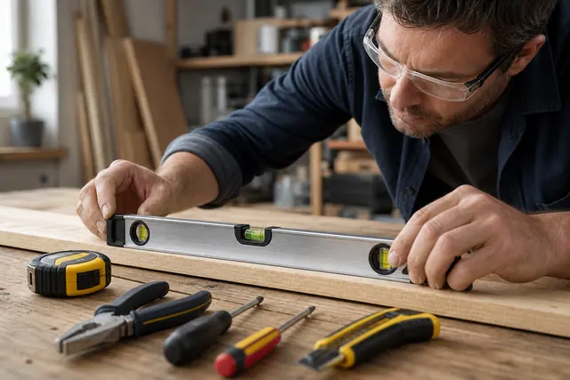 Bricoleur vérifiant un niveau à bulle avec outils manuels sur établi.