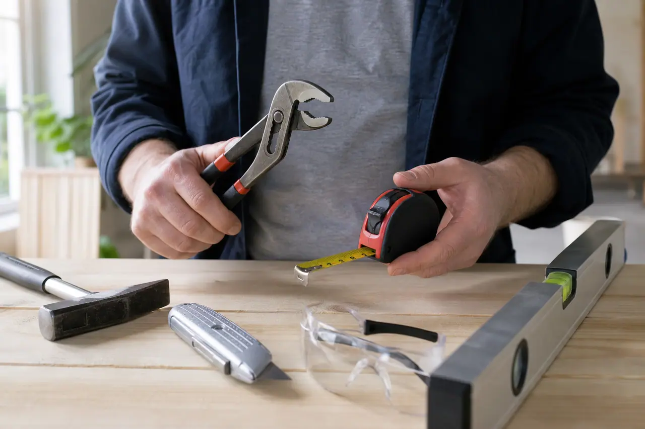Pince, mètre, marteau et lunettes disposés sur un établi domestique.