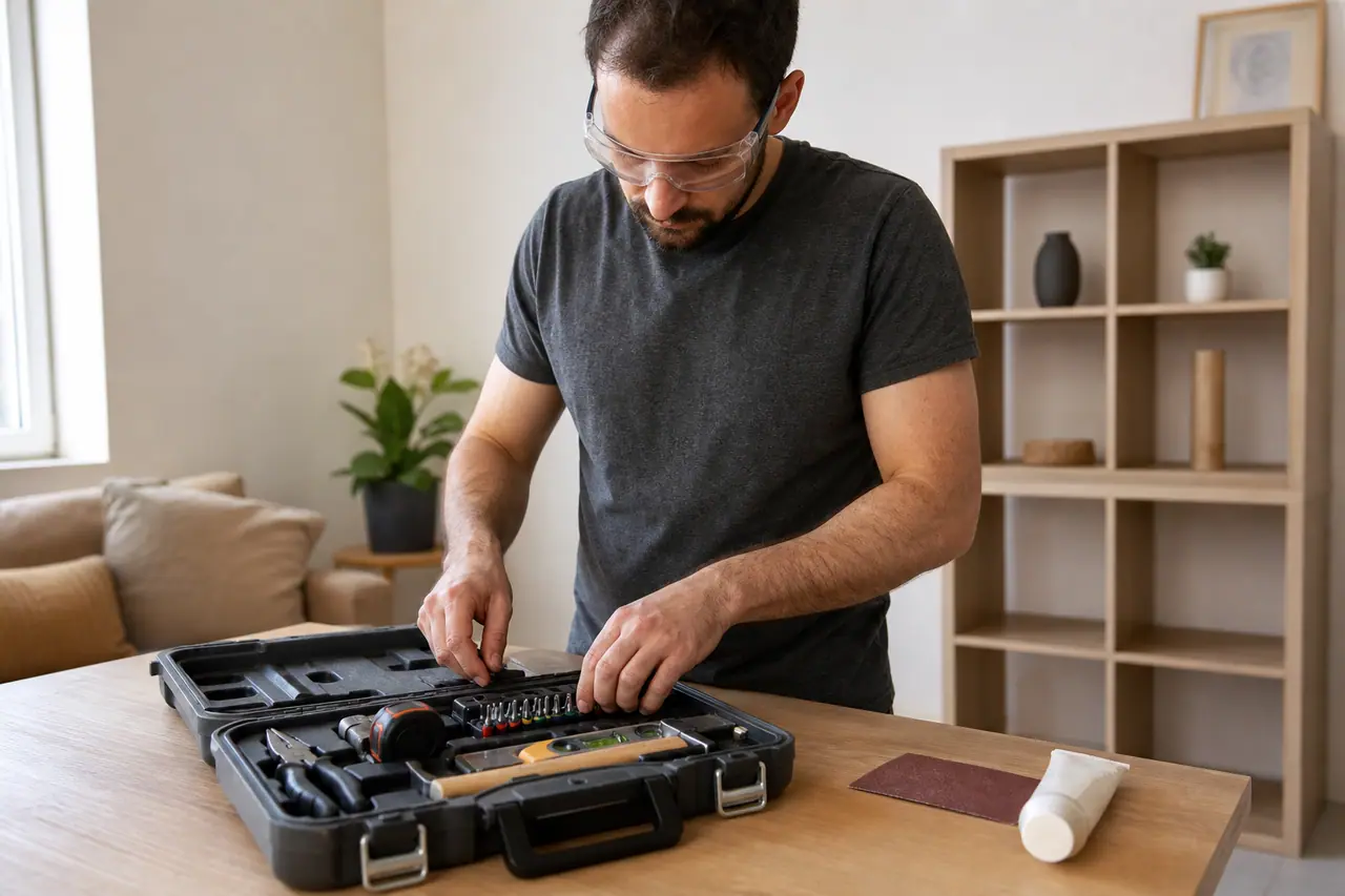 Mallette compacte avec outils manuels pour petites réparations dans un studio.