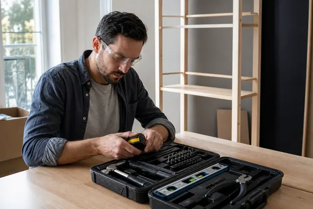 Kit d’outils compact organisé pour monter des meubles dans un appartement.