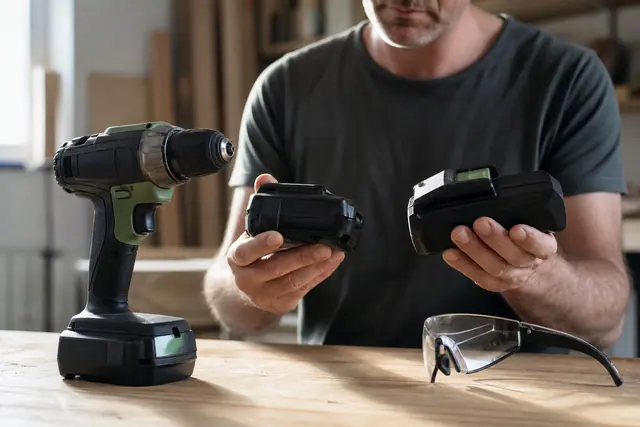Deux batteries 18 V de tailles différentes près d’une perceuse-visseuse sur établi.