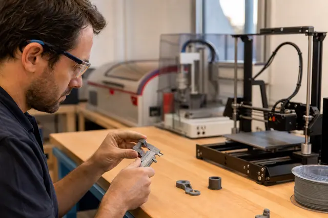 Mesure précise d’une pièce imprimée en 3D sur établi de FabLab.