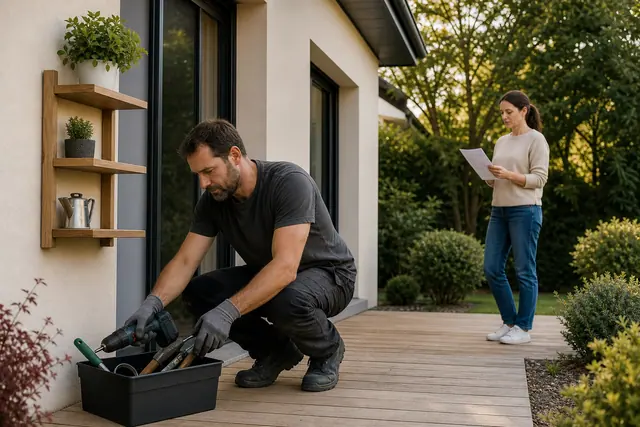 Intervenant rangeant des outils de jardin après une petite réparation chez un particulier