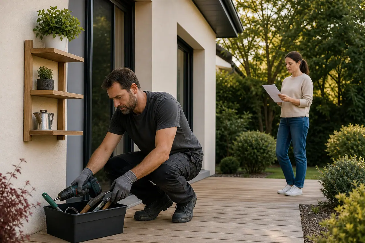 Intervenant rangeant des outils de jardin après une petite réparation chez un particulier