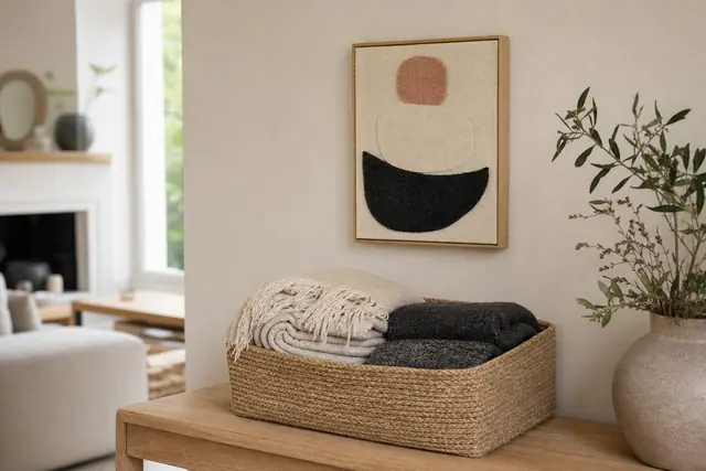 Tableau textile abstrait et panier en corde sur une console en bois clair