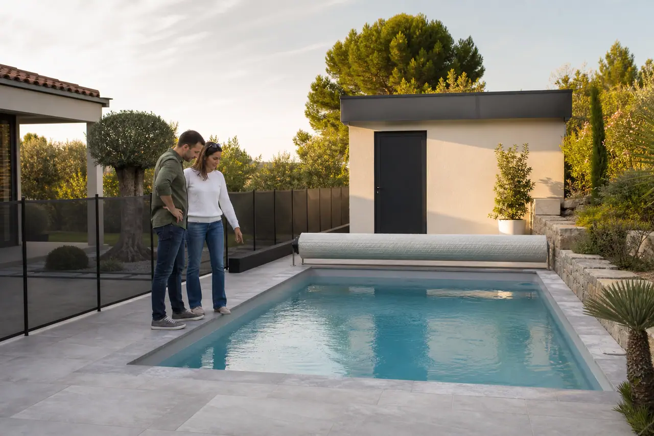 Piscine enterrée compacte et terrasse soignée dans le jardin d’une maison contemporaine.